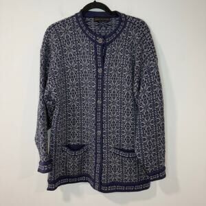 Windfjord Women's Nordic Cardigan Sweater Navy Gray Large Wool Fair Isle Pattern
